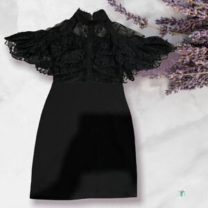 Black Small Fashion Nova Mini Dress with Lace Shoulder Cape